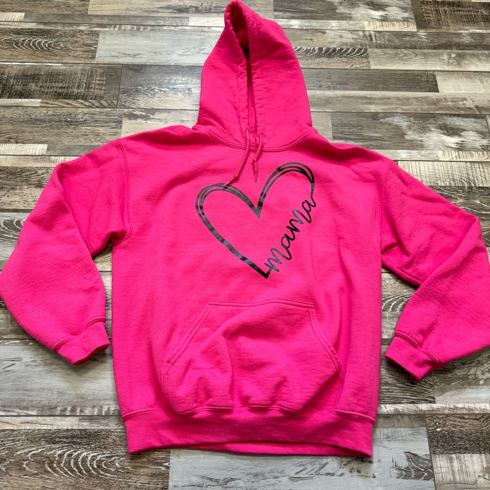Mama Heart Screen-printed on Bright Pink Gildan Hoodie Sweatshirt Medium